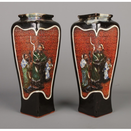 8 - A pair of Japanese Sumida Gawa stoneware vases of tapering square form. Decorated with figures, moun... 