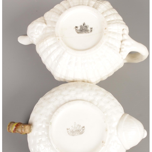 188 - Three pieces of Belleek. Includes 1857 view of Belleek plate accompanied by two porcelain teapots. P... 