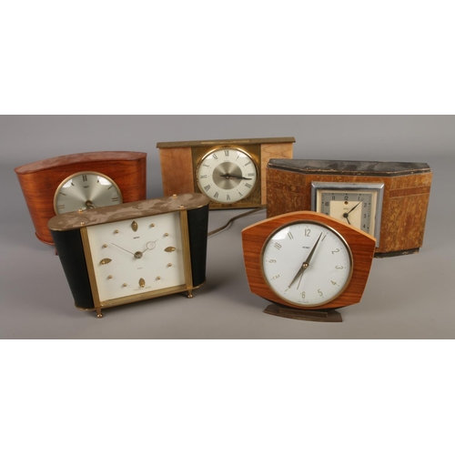 198 - A collection of five vintage mantel clocks including Smiths, Metamec, Bentima and Temco examples