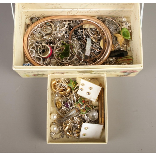 281 - Two jewellery boxes containing a collection of costume jewellery. Includes marcasite and paste set e... 