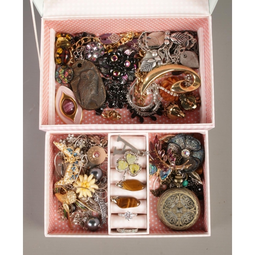 281 - Two jewellery boxes containing a collection of costume jewellery. Includes marcasite and paste set e... 