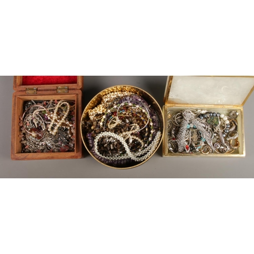 283 - Three small boxes of assorted costume jewellery, including vintage examples, dress rings, beaded nec... 