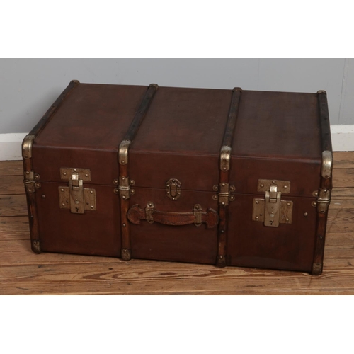 366 - A large vintage wooden bound travel steamer trunk. Height 36cm, Width 79cm, Depth 50cm.