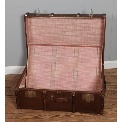 366 - A large vintage wooden bound travel steamer trunk. Height 36cm, Width 79cm, Depth 50cm.