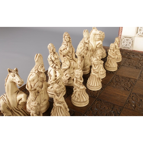 370 - A complete composite chess set with carved board along with a tile top example.