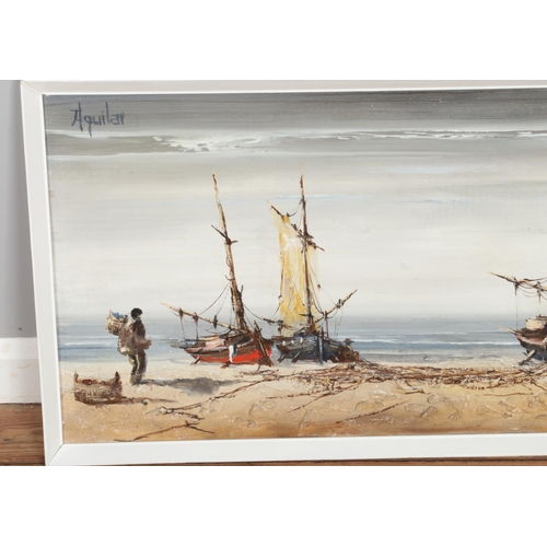 383 - Jorge Aguilar Agon (1936-present) framed oil on board depicting several fishing boat moored on a bea... 