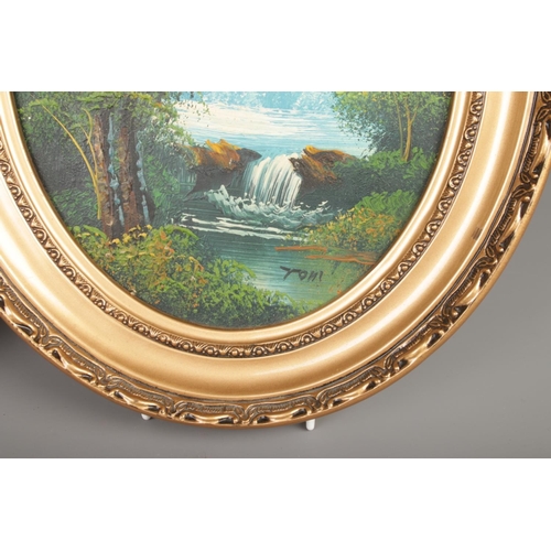 384 - A collection of three oval landscape oil paintings in gold gilt frames, each signed by the artist.