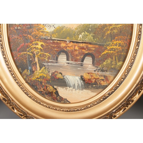 384 - A collection of three oval landscape oil paintings in gold gilt frames, each signed by the artist.