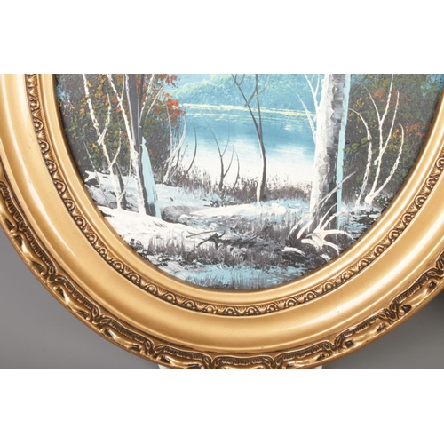 384 - A collection of three oval landscape oil paintings in gold gilt frames, each signed by the artist.