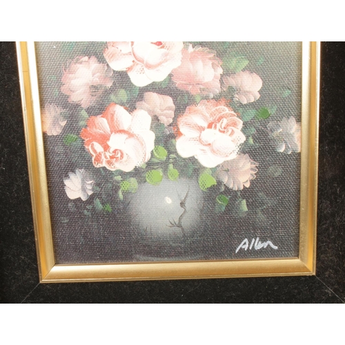 387 - A pair of vintage Baroque-style gold gilt framed rose oil paintings, each signed by the artist.