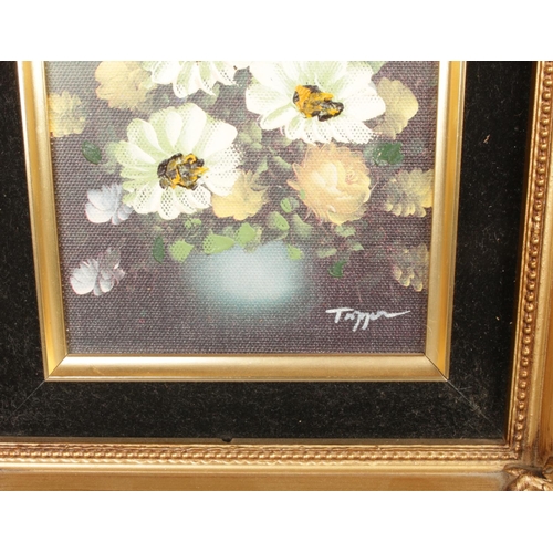 387 - A pair of vintage Baroque-style gold gilt framed rose oil paintings, each signed by the artist.