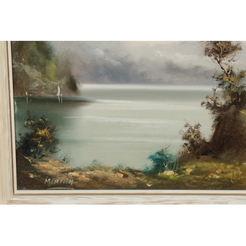 390 - Mancini framed oil on canvas depicting a cottage by a lake. Possibly After Carlo Mancini (1829-1910)... 