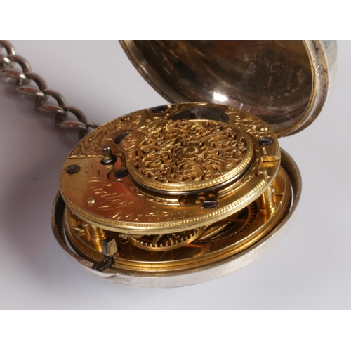 464 - A Georgian silver pair cased pocket watch with verge escapement on silver albert chain with T bar an... 