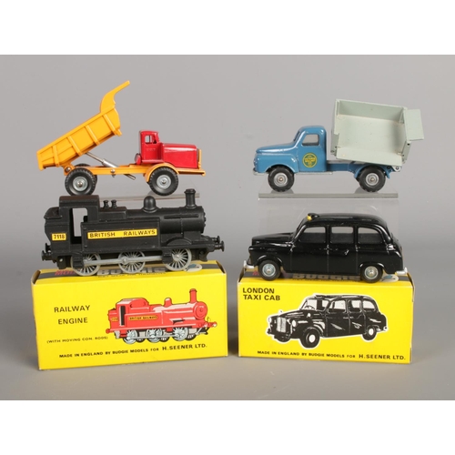 493 - Four Budgie die-cast vehicles; consisting of No. 224 Railway Engine (boxed), No. 101 London Taxi Cab... 