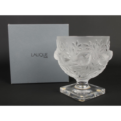 511 - Lalique France 'Elizabeth' frosted crystal vase decorated with birds and vines. Signed at the base. ... 