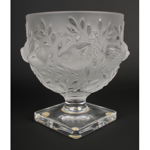 511 - Lalique France 'Elizabeth' frosted crystal vase decorated with birds and vines. Signed at the base. ... 