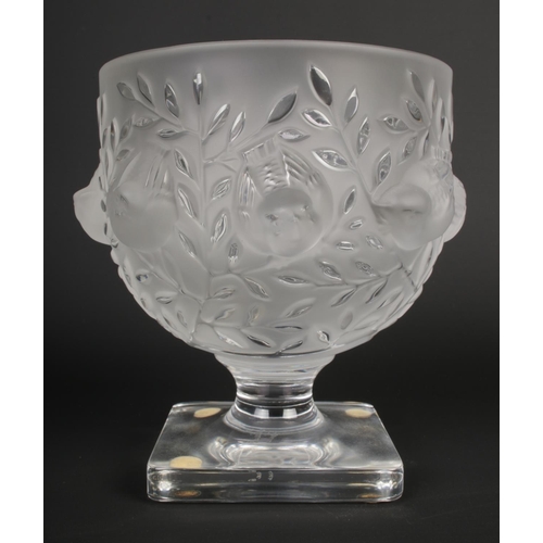 511 - Lalique France 'Elizabeth' frosted crystal vase decorated with birds and vines. Signed at the base. ... 