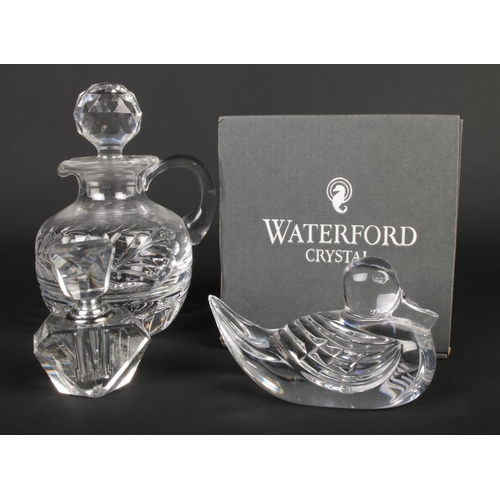 517 - A Waterford Crystal duck paperweight in original box with Stuart decanter and small glass perfume sc... 