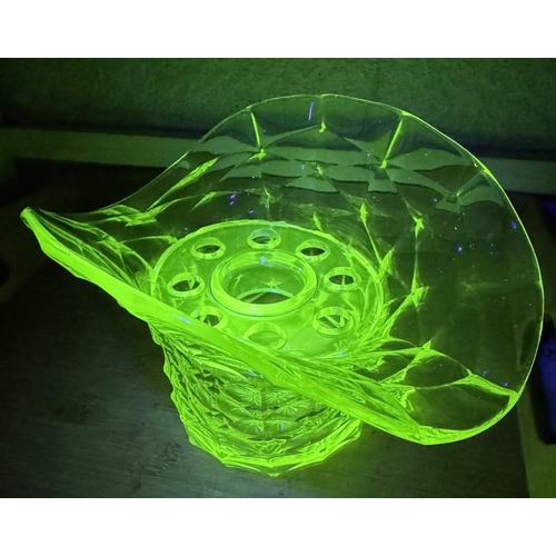 23 - An Art Deco Uranium/Vaseline glass flower vase with frog stem holders. Width 26cm, height 16cm, dept... 