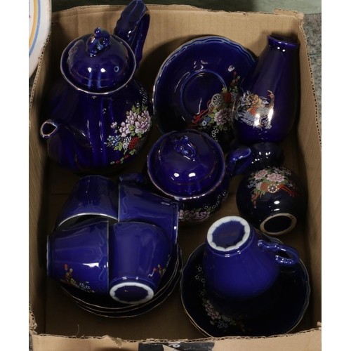 303 - A mixed collection of hand-painted vintage ceramics, including Japanese blue and gilt tea set, artis... 