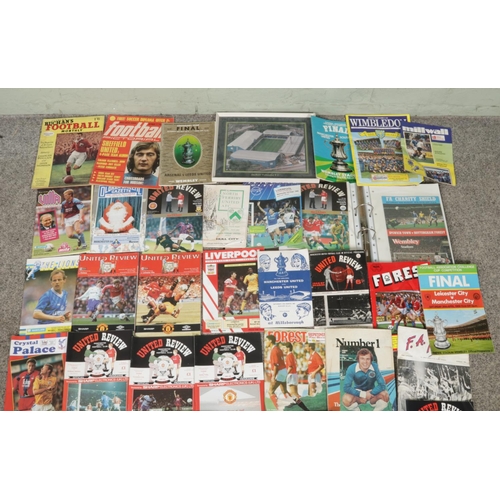 304 - A box of football programmes, magazines and pictures, to include a folder of 1980'a FA Charity Shiel... 