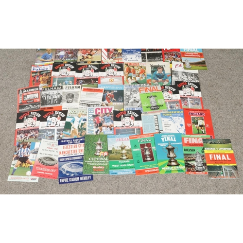 304 - A box of football programmes, magazines and pictures, to include a folder of 1980'a FA Charity Shiel... 