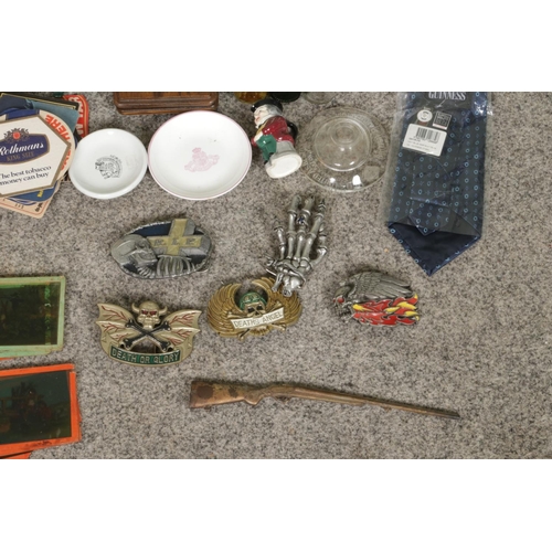 305 - A mixed lot of collectables, including five 80s/90s belt buckles, vintage magic lantern slides, alco... 