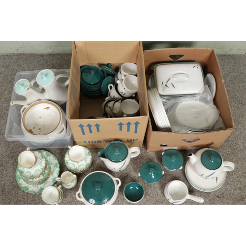 328 - A large quantity of Denby Greenwheat pattern dinner service including plates, tureens, cups & saucer... 