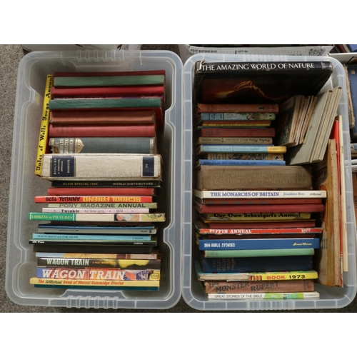 362 - Six boxes of books. Includes annuals, Bibles, Observer guides, stamps, Maurice Speed Film Review, En... 