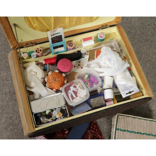 420 - A retro sewing box along with contents of sewing and knitting equipment.