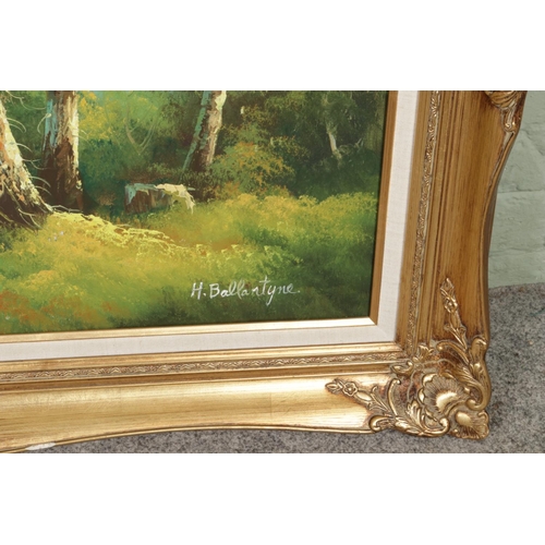 477 - A large gilt-framed oil on canvas depicting a woodland and cabin scene, signed by the artist H. Ball... 