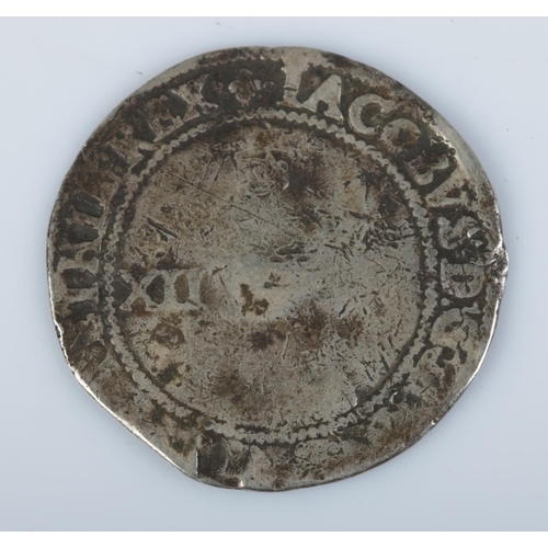 508 - A James I silver shilling, bearing Fleur De Lis to the top band. 5.42g.