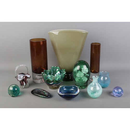 67 - A collection of decorative glassware, including large Victorian dump, basket, vases, Caithness paper... 