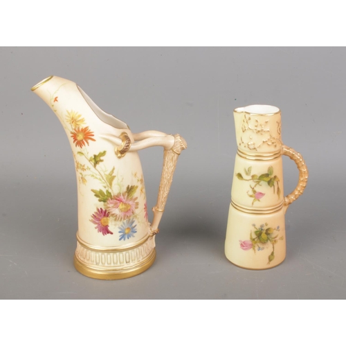 610 - Two Royal Worcester peach blush ewers, both decorated with sprays of flowers. One circa 1913 with mo... 