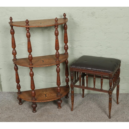 666 - A Victorian three tier marquetry inlaid walnut whatnot with a leather top stool