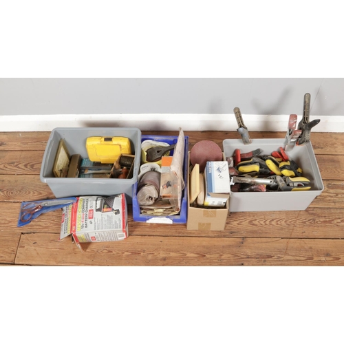 213 - A large box of clips with assorted tools and accessories including drill bits and sanding sheets