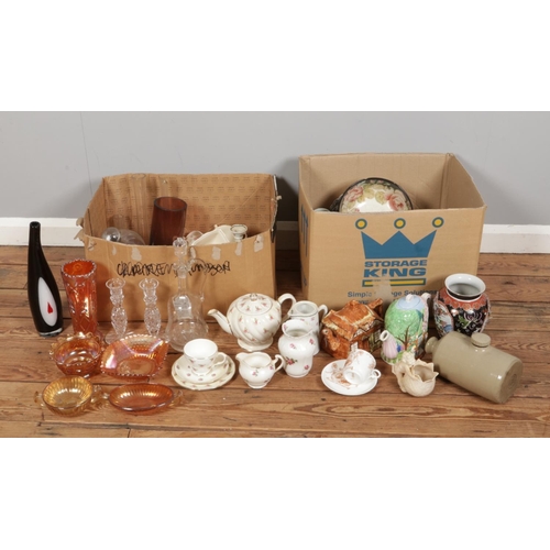 227 - Two large boxes of mixed collectable ceramics and glassware, including stoneware bed warmer, a colle... 