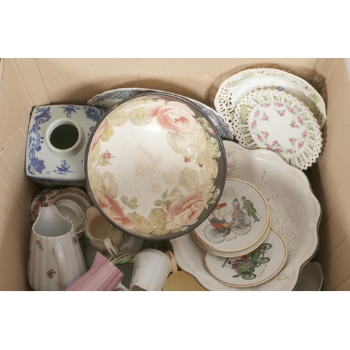 227 - Two large boxes of mixed collectable ceramics and glassware, including stoneware bed warmer, a colle... 