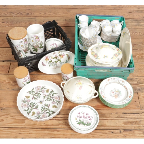 228 - Two boxes of mixed ceramics. Includes Portmeirion Botanical, Susie Cooper, Bell china teaset, Copela... 