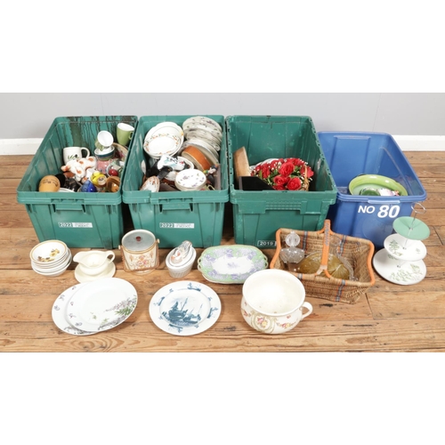 233 - Four large boxes of miscellaneous. Includes Oxney Green, Palissy Silver Birch cake stand, glass deca... 