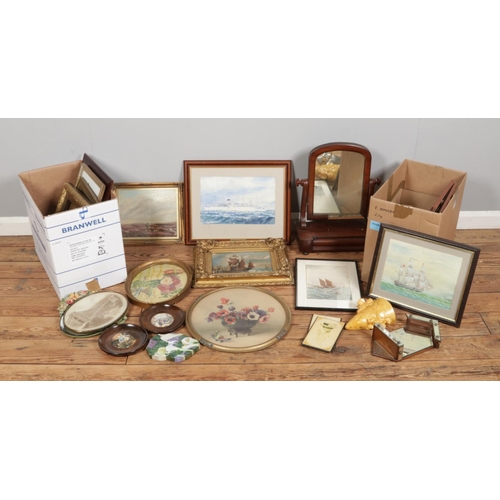 239 - Two boxes of assorted mirrors and framed pictures, including examples of ship sailing scenes and flo... 