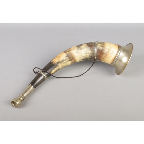 35 - Two vintage hunting horns, one has metal fittings and mouthpiece, length 36cm and 38cm respectively.