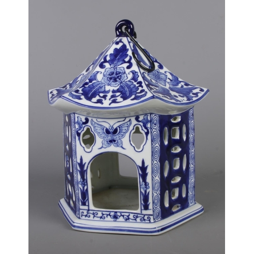 37 - A large Chinoiserie pavilion blue & white lantern by Victoria Ware Ironstone, decorated with floral ... 