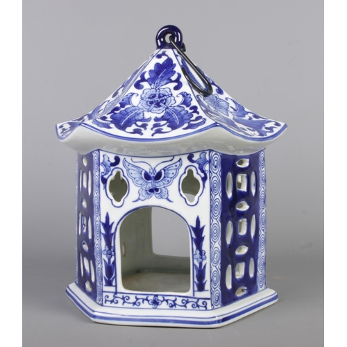 37 - A large Chinoiserie pavilion blue & white lantern by Victoria Ware Ironstone, decorated with floral ... 