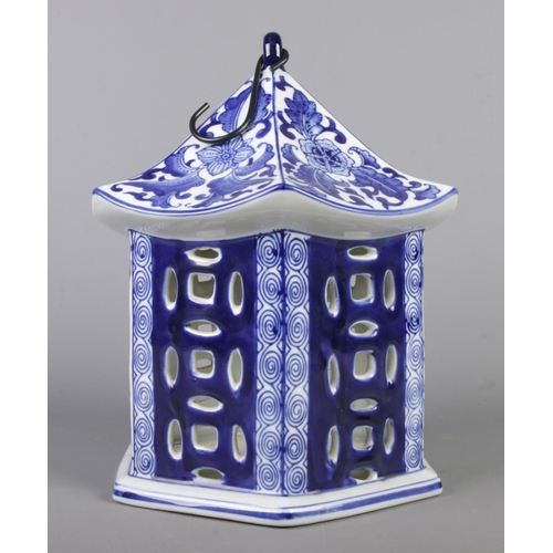 37 - A large Chinoiserie pavilion blue & white lantern by Victoria Ware Ironstone, decorated with floral ... 