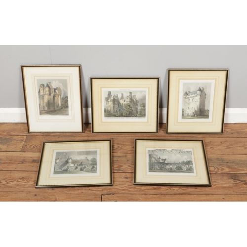 359 - Five antique framed engraved prints, drawn by R.W. Billings, each bearing a red label on the back gu... 