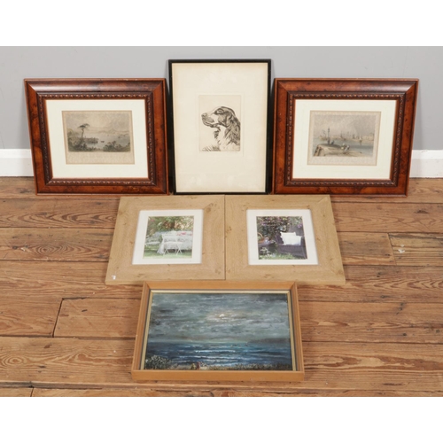 378 - A quantity of pictures and prints including a pen and ink titled 'A Loyal Friend', an oil on canvas ... 