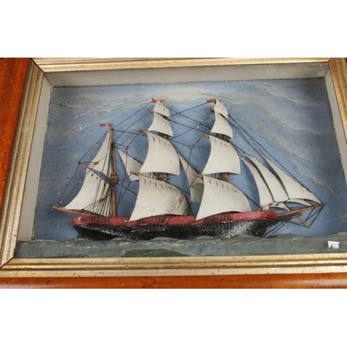 62 - A 19th century sailing diorama, housed in a maple frame with glass, measuring H32 cm x W42 x D7.5 cm... 