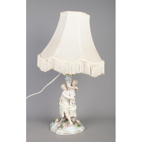 64 - A Victorian Meissen style porcelain table lamp, with hand painted decoration, height 55cm.