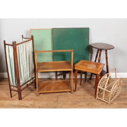 529 - A collection of assorted furniture to include two folding tables, round plant stand and a Italian st... 